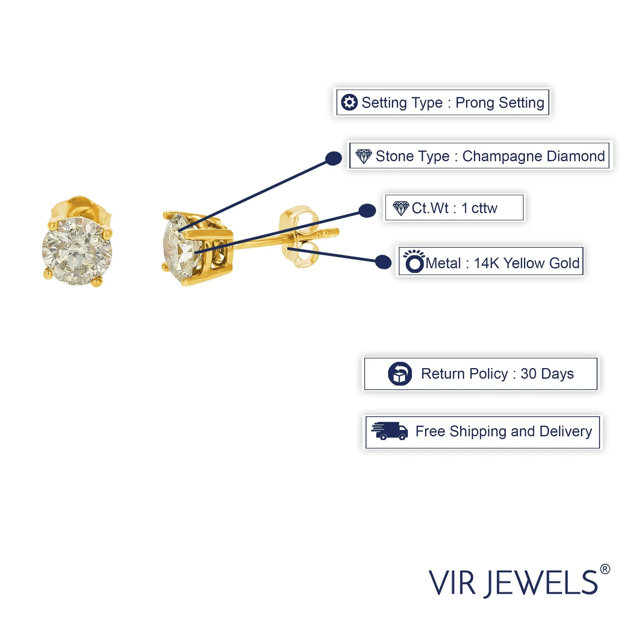 1 cttw Champagne Diamond Stud Earrings 14K Yellow Gold