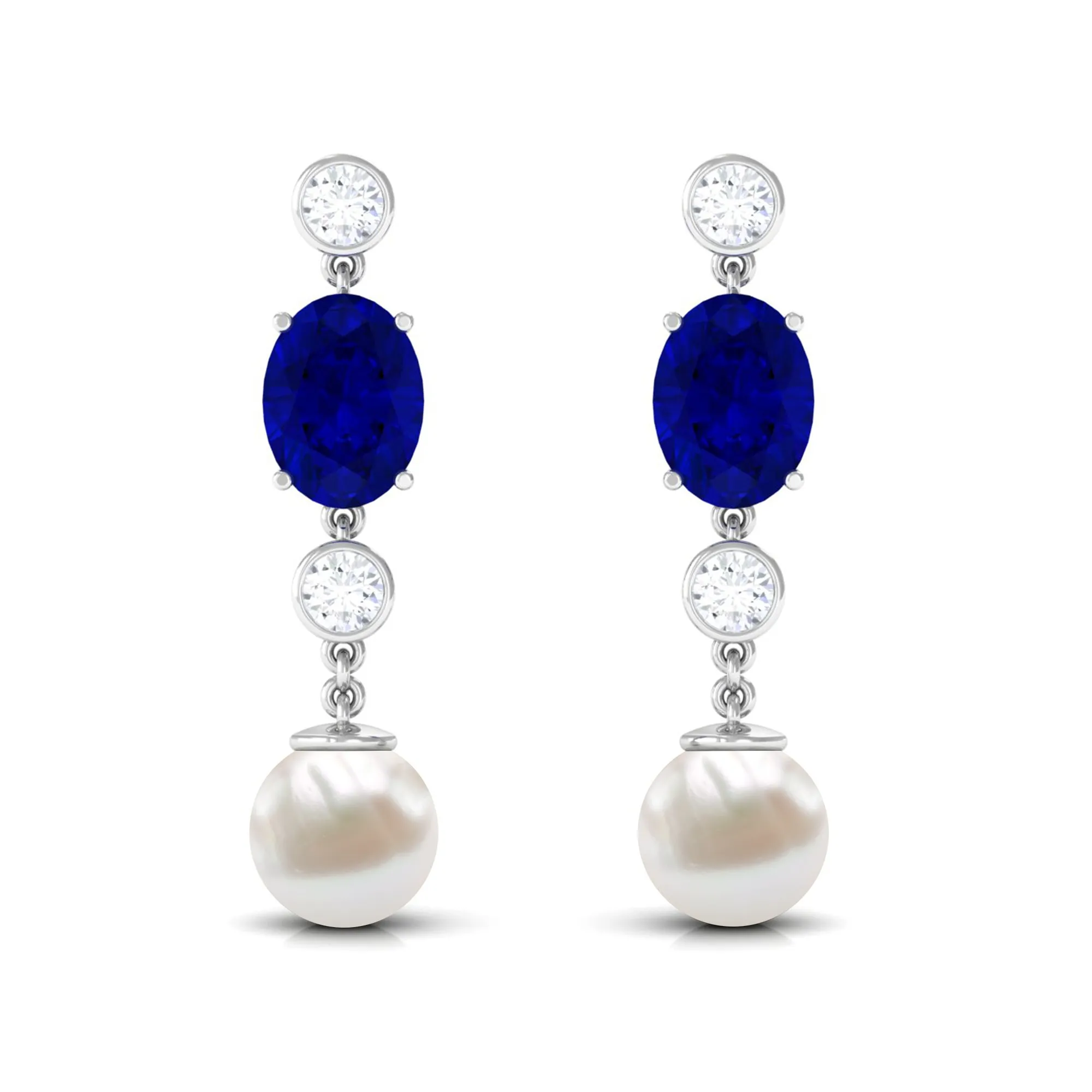 10 CT Created Blue Sapphire and Freshwater Pearl Dangle Earrings with Moissanite