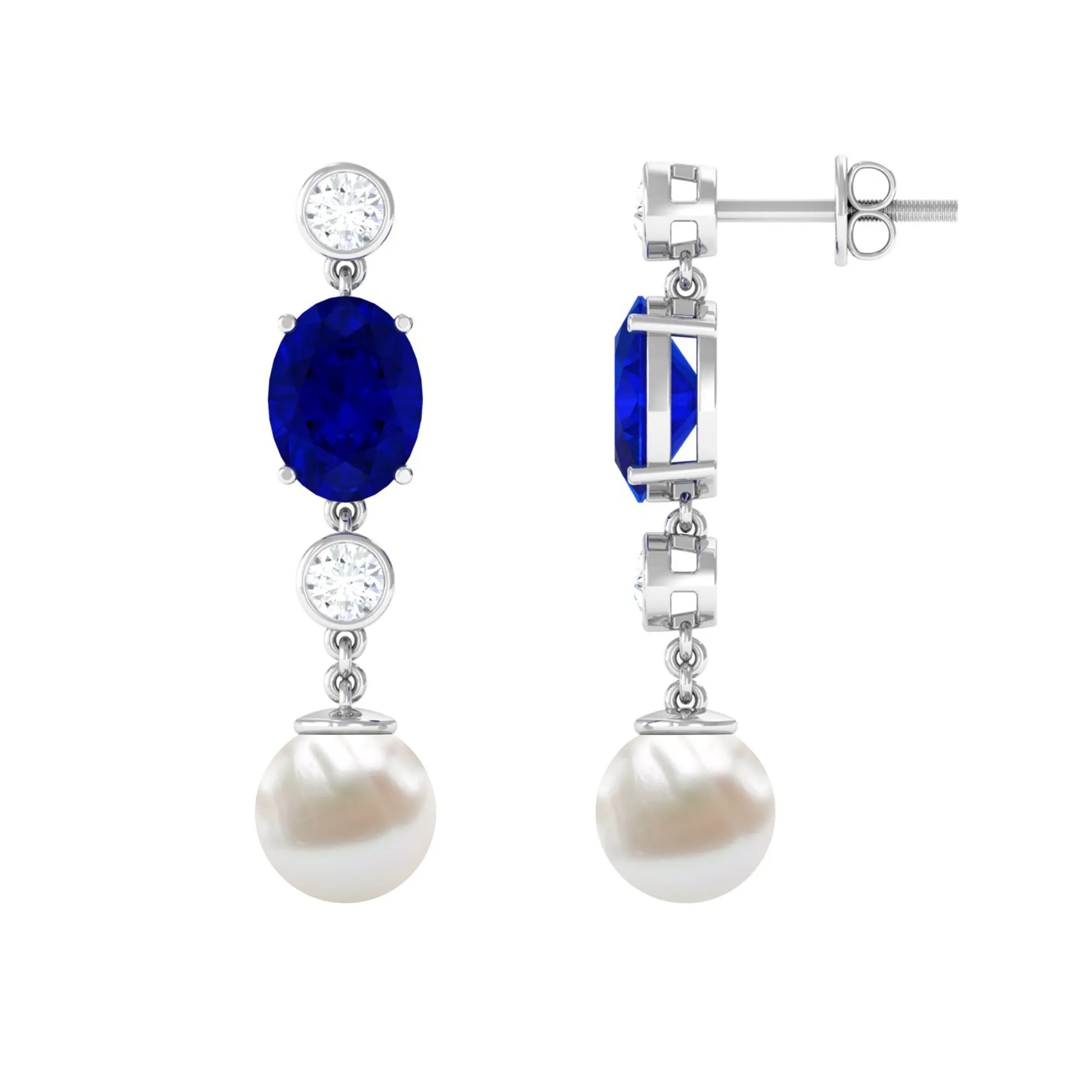 10 CT Created Blue Sapphire and Freshwater Pearl Dangle Earrings with Moissanite