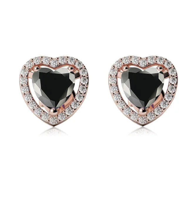 10k Rose Gold Plated 2 Ct Created Halo Heart Black Sapphire Stud Earrings