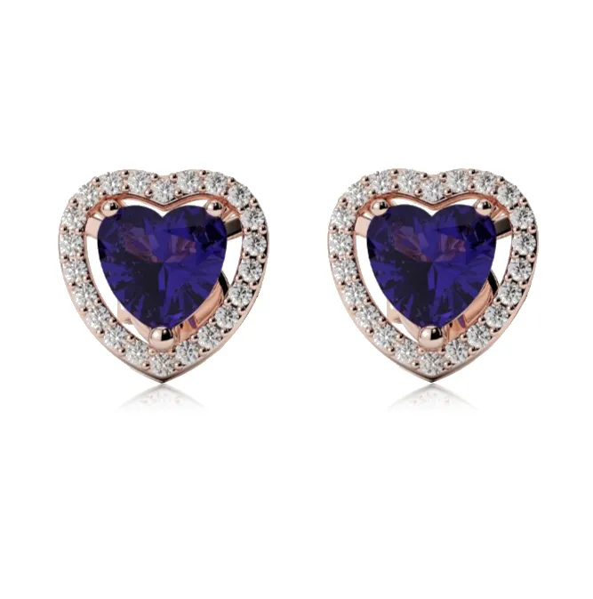 10k Rose Gold Plated 3 Ct Created Halo Heart Blue Sapphire Stud Earrings