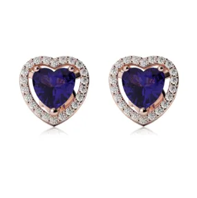 10k Rose Gold Plated 4 Ct Created Halo Heart Blue Sapphire Stud Earrings