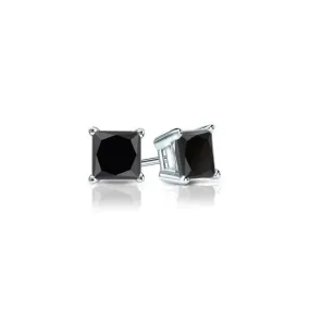 10k White Gold Plated 3 Carat Square Created Black Sapphire Stud Earrings