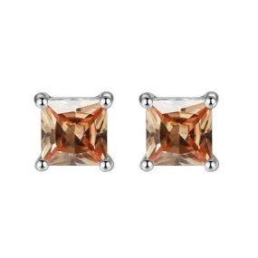 10k White Gold Plated 4 Carat Square Created Champagne Sapphire Stud Earrings