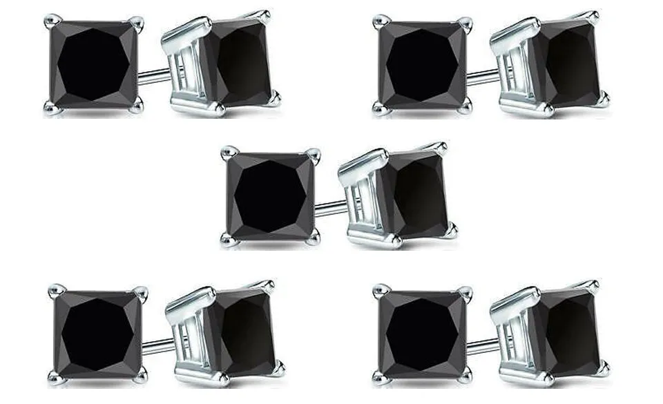 10k White Gold Plated Created Black Sapphire 1/2Ct Princess Cut Pack of Five Stud Earrings