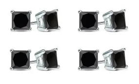 10k White Gold Plated Created Black Sapphire 1/2Ct Princess Cut Pack of Four Stud Earrings