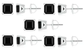 10k White Gold Plated Created Black Sapphire 1/2Ct Square Cut Pack of Five Stud Earrings