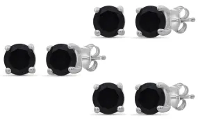 10k White Gold Plated Created Black Sapphire 2Ct Round Set of Three Stud Earrings