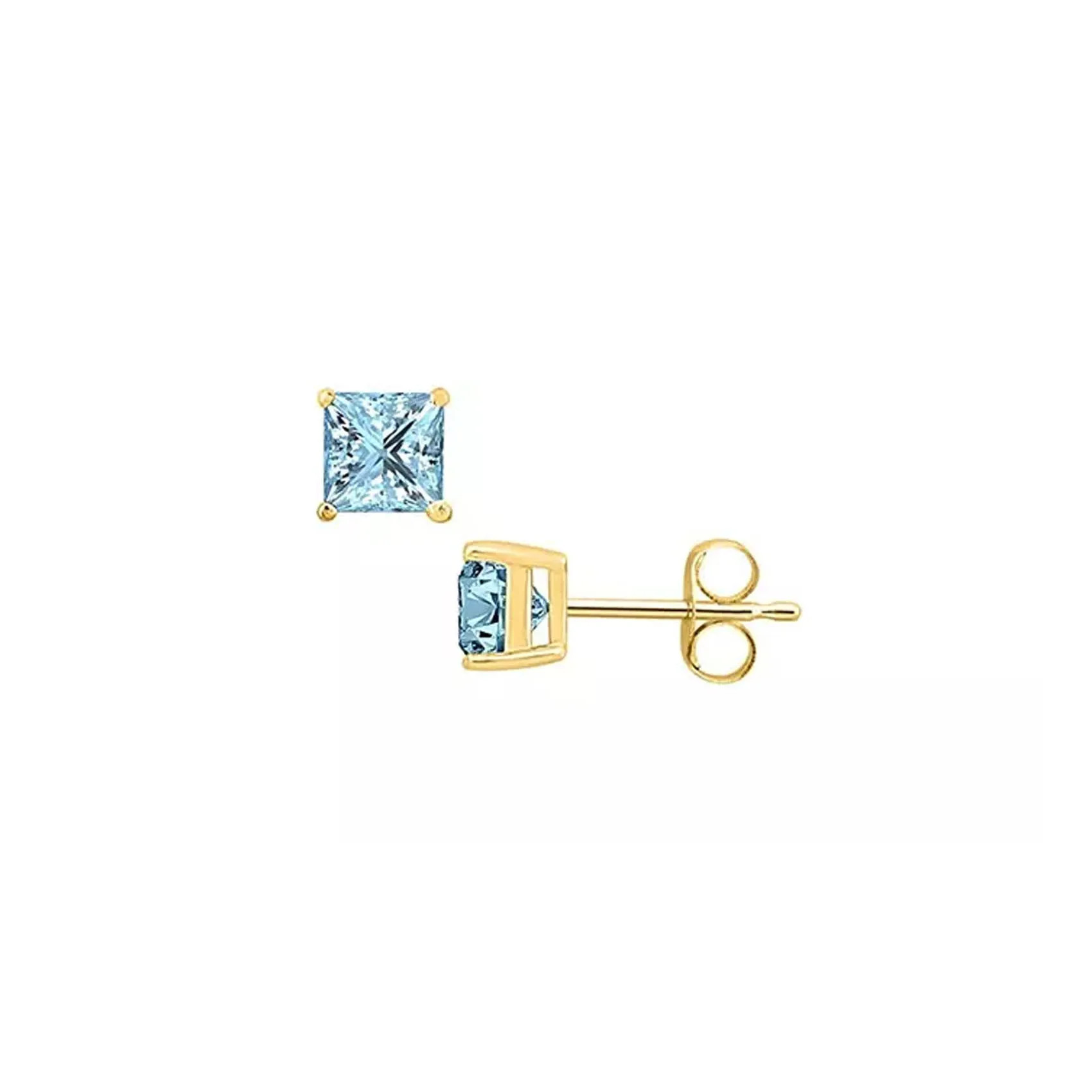 10k Yellow Gold Plated 2 Ct Created Aquamarine Sapphire Princess Cut Stud Earrings