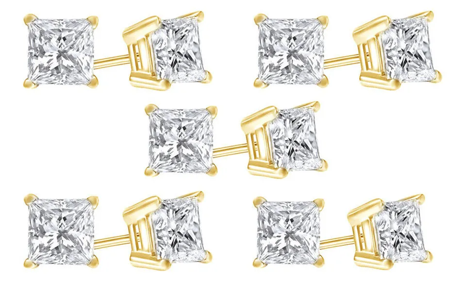 10k Yellow Gold Plated Created White Sapphire 3 Carat Princess Cut Pack of Five Stud Earrings