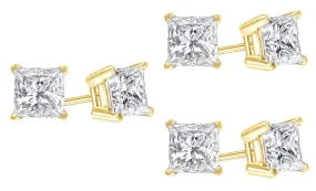 10k Yellow Gold Plated Created White Sapphire 4 Carat Princess Cut Pack of Three Stud Earrings