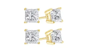 10k Yellow Gold Plated Created White Sapphire 4 Carat Princess Cut Pack of Two Stud Earrings