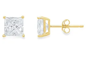 10k Yellow Gold Plated Created White Sapphire 4 Carat Princess Cut Stud Earrings