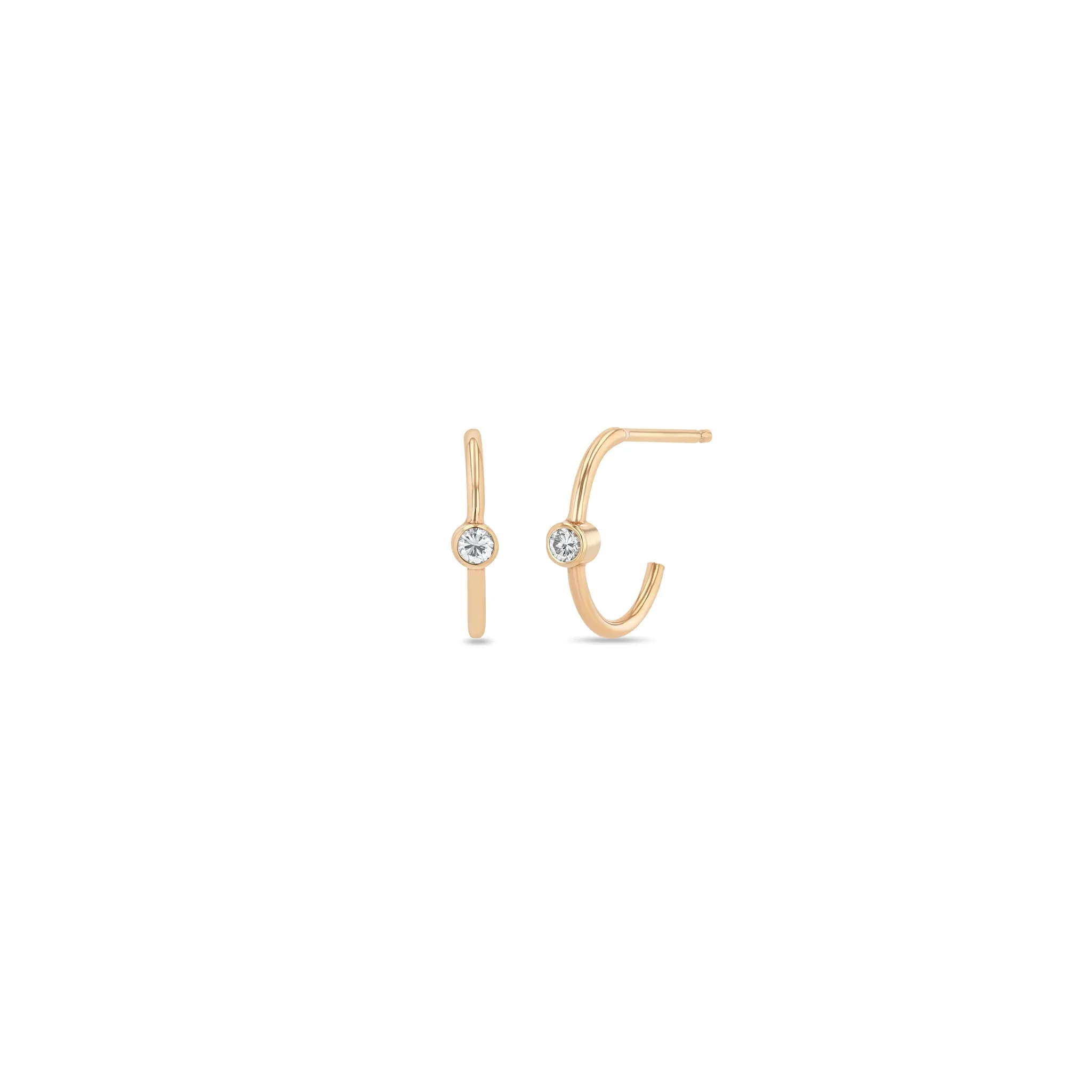 14k Diamond Bezel Thin Huggie Hoops