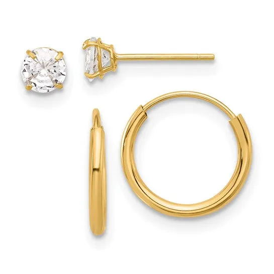 14K Gold 5mm CZ Studs and Small Endless Hoop Earrings Set