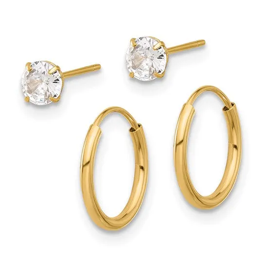 14K Gold 5mm CZ Studs and Small Endless Hoop Earrings Set