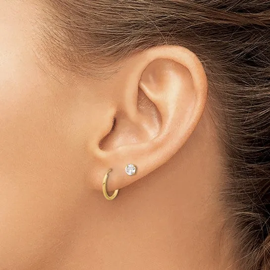 14K Gold 5mm CZ Studs and Small Endless Hoop Earrings Set