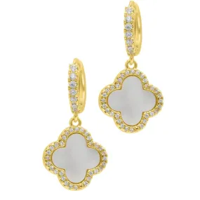 14k Gold Plated Crystal Halo White Mother of Pearl Clover Dangle Huggie Earrings