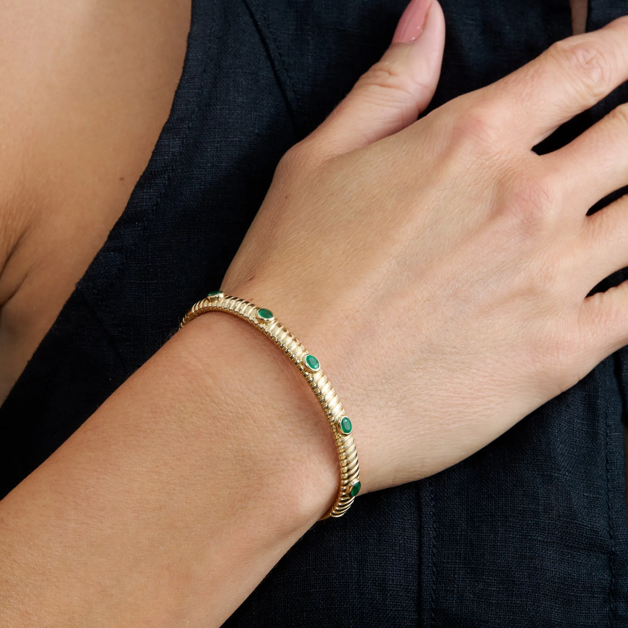 14k Gold Ribbed Emerald Bangle, Melina