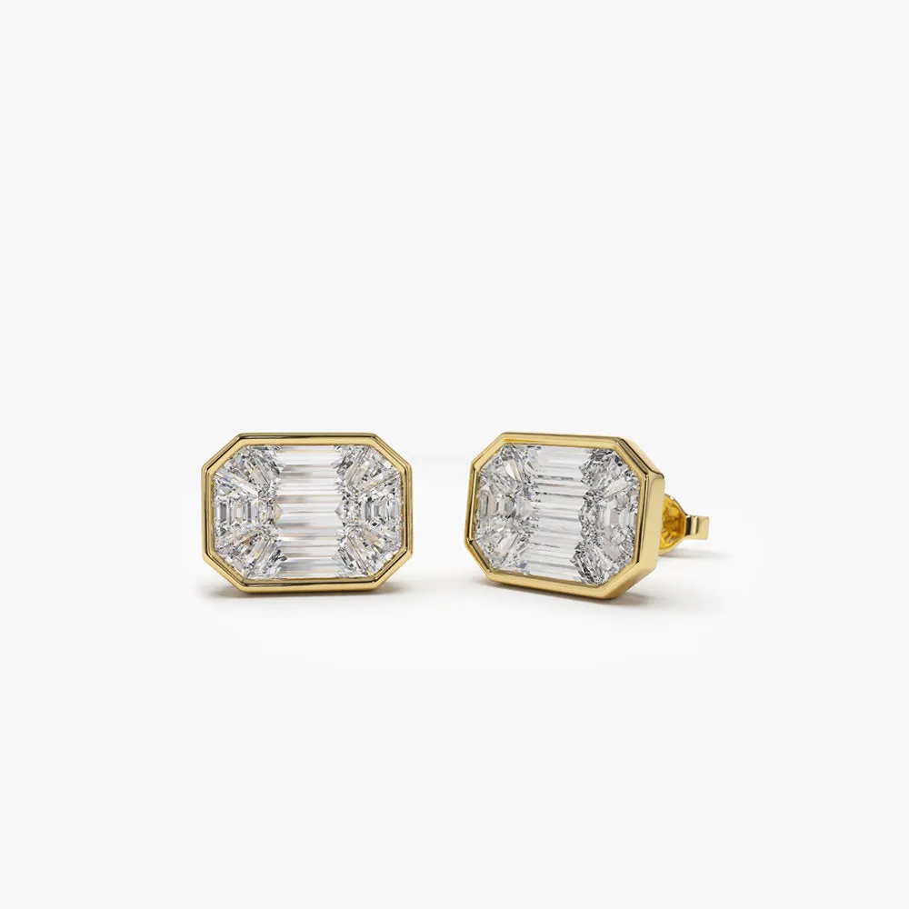 14k Illusion Setting Step Cut Mosaic Diamond Studs