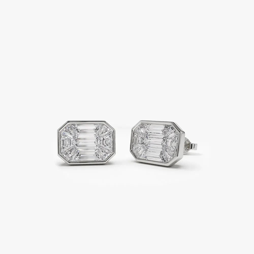 14k Illusion Setting Step Cut Mosaic Diamond Studs