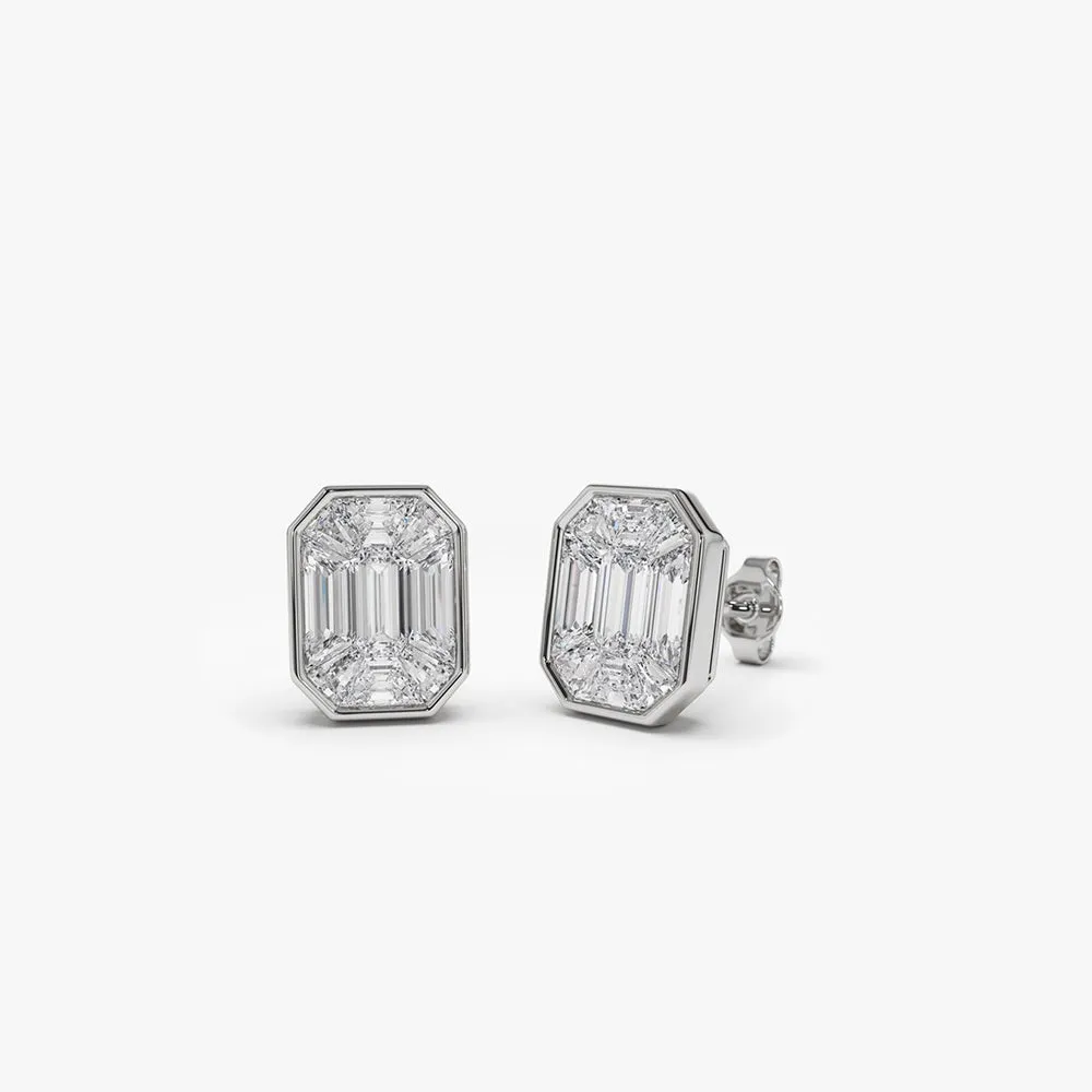 14k Illusion Setting Step Cut Mosaic Diamond Studs