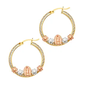 14K Our Lady of Guadalupe Tri-Color Hoop Earrings