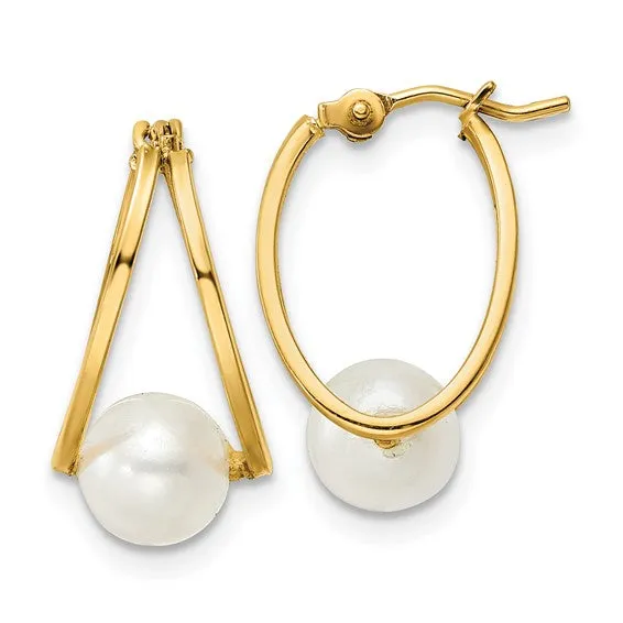 14k Polished Freshwater Cultured Pearl Hoop Earrings