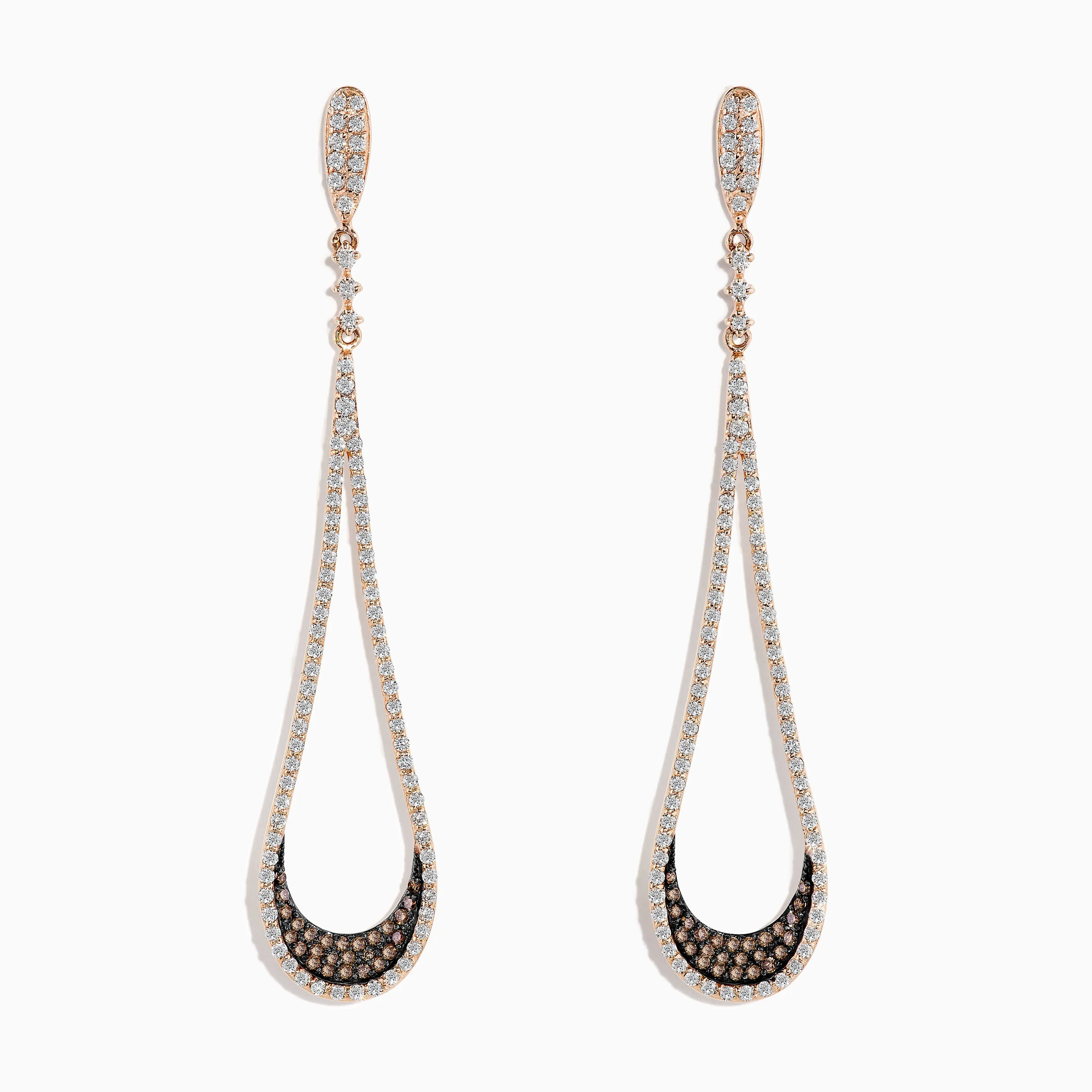 14K Rose Gold Brown and White Diamond Drop Earrings, 1.70 TCW