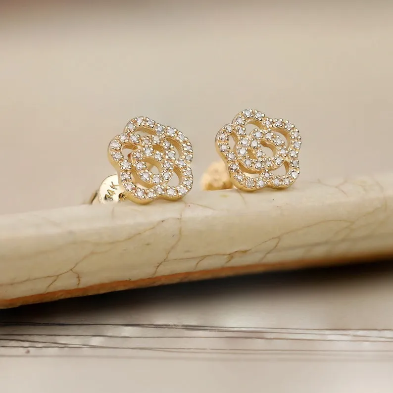 14k Solid Gold Diamond Flower Stud Earrings