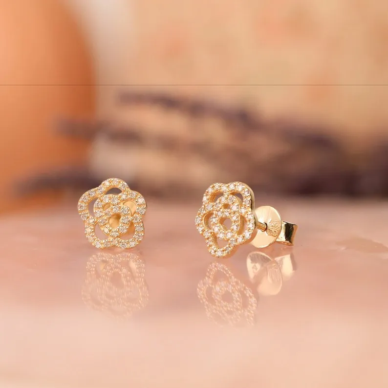 14k Solid Gold Diamond Flower Stud Earrings