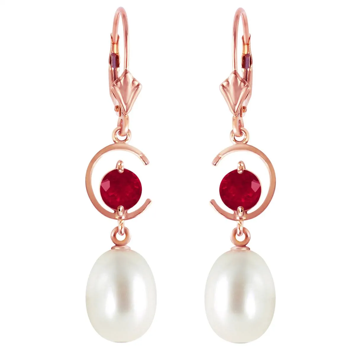 14K Solid Rose Gold Leverback Earrings Ruby & Pearl Certified