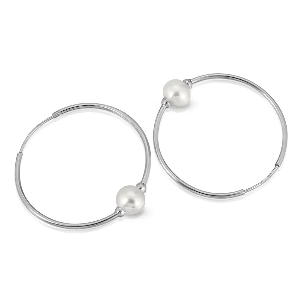 14K Solid White Gold Endless Hoop Earrings 1.0 mm Thickness With Pearls