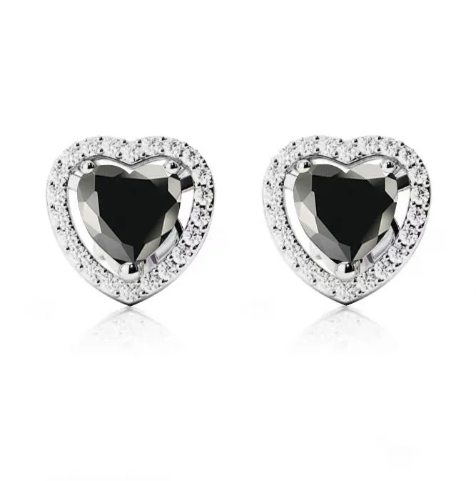 14k White Gold Plated 1 Ct Created Halo Heart Black Sapphire Stud Earrings