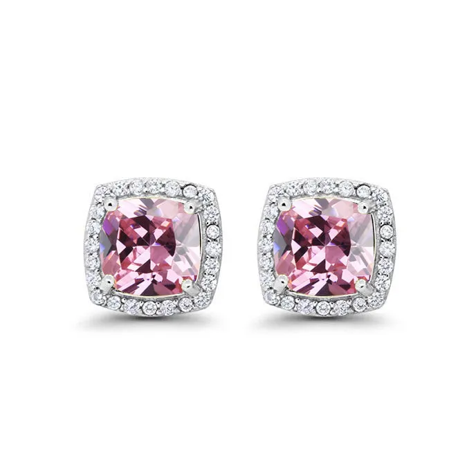 14k White Gold Plated 1 Ct Created Halo Princess Cut Pink Sapphire Stud Earrings