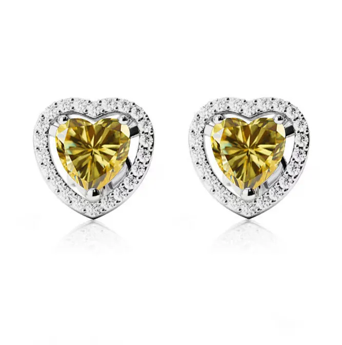 14k White Gold Plated 2 Ct Created Halo Heart Yellow Sapphire Stud Earrings