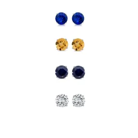 14k White Gold Plated 2Ct Created Blue Sapphire, Citrine, Black Sapphire and White Sapphire 4 Pair Round Stud Earrings