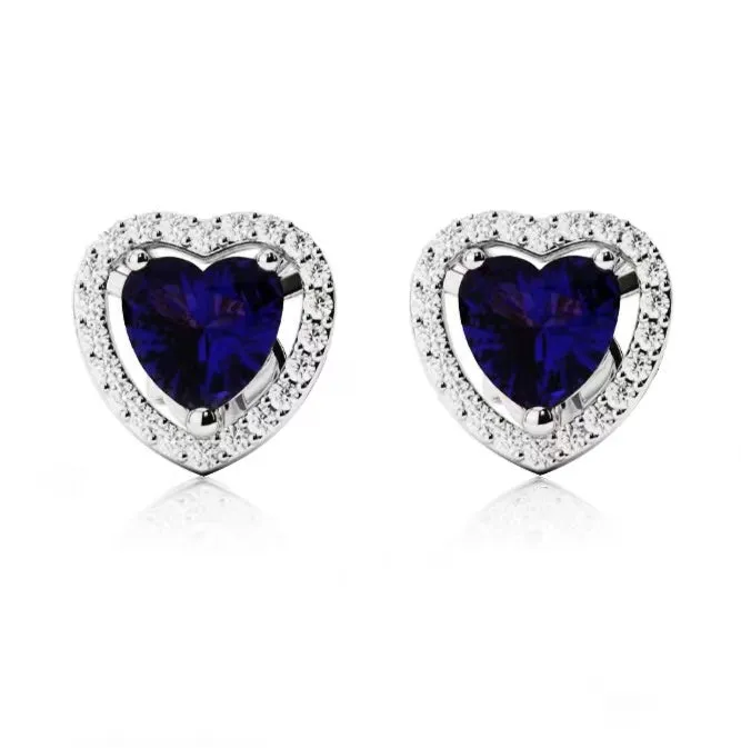 14k White Gold Plated 3 Ct Created Halo Heart Blue Sapphire Stud Earrings