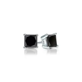 14k White Gold Plated 4 Carat Princess Cut Created Black Sapphire Stud Earrings