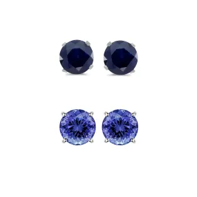 14k White Gold Plated 4Ct Created Black Sapphire and Tanzanite 2 Pair Round Stud Earrings