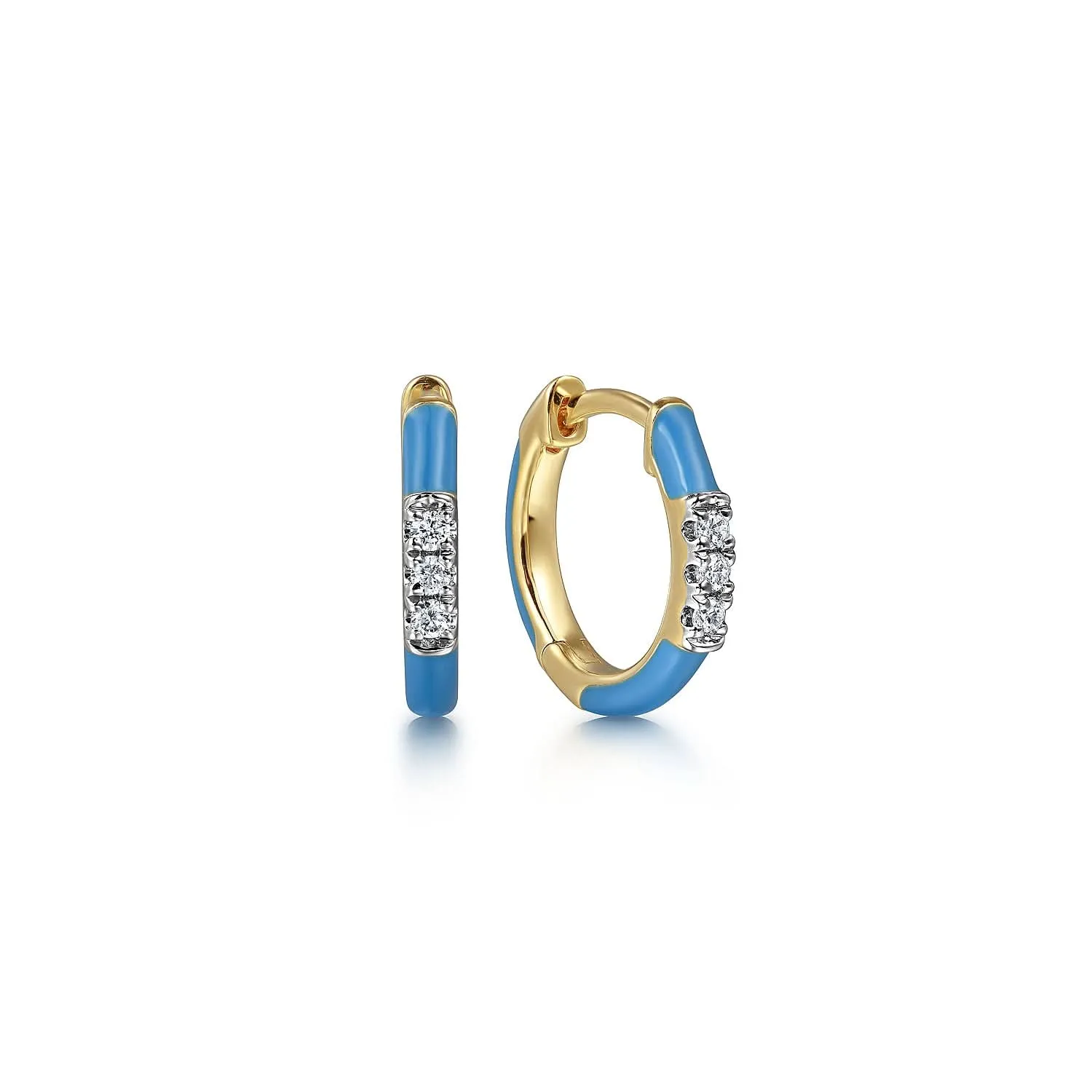 14K Yellow Blue Enamel and Natural Diamond Huggie Earrings