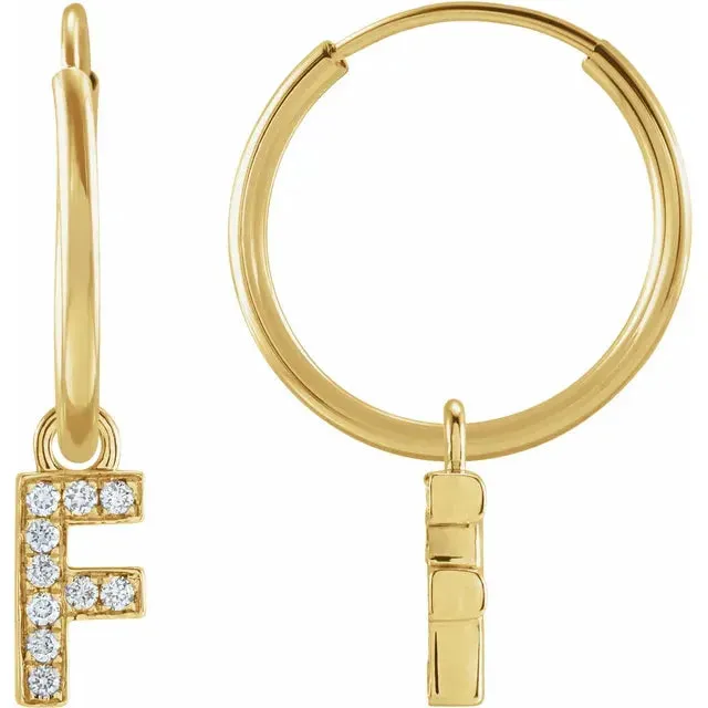 14K Yellow Gold .04 CTW Natural Diamond Single Initial F Hoop Earring