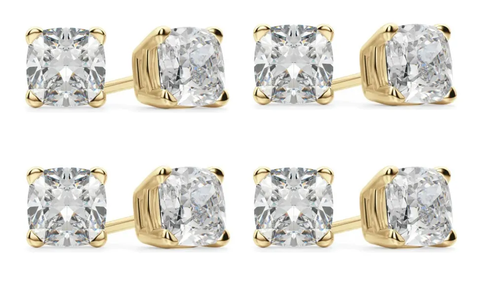 14k Yellow Gold 4Ct Cushion Cut White Sapphire Set Of Four Stud Earrings Plated