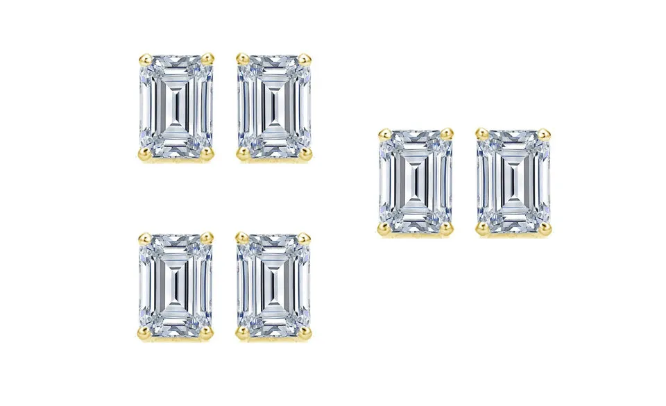 14k Yellow Gold 4Ct Emerald Cut White Sapphire Set Of Three Stud Earrings Plated