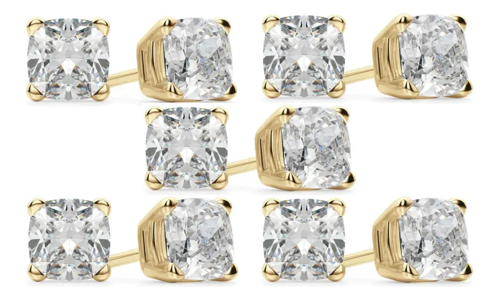 14k Yellow Gold 4mm 1/2Ct Cushion Cut White Sapphire Set Of Five Stud Earrings Plated