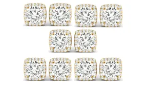 14k Yellow Gold 6mm 3Ct Cushion Cut White Sapphire Set Of Five Halo Stud Earrings Plated