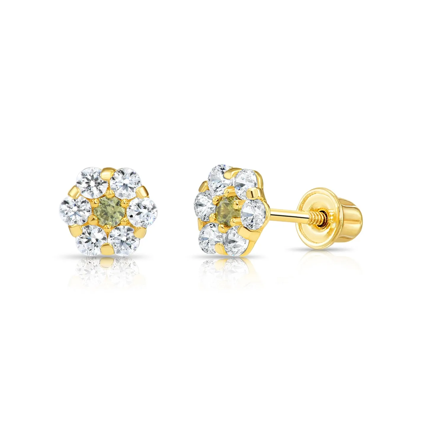 14k Yellow Gold Birthstone Flower Cluster Stud Earrings, Screw Back