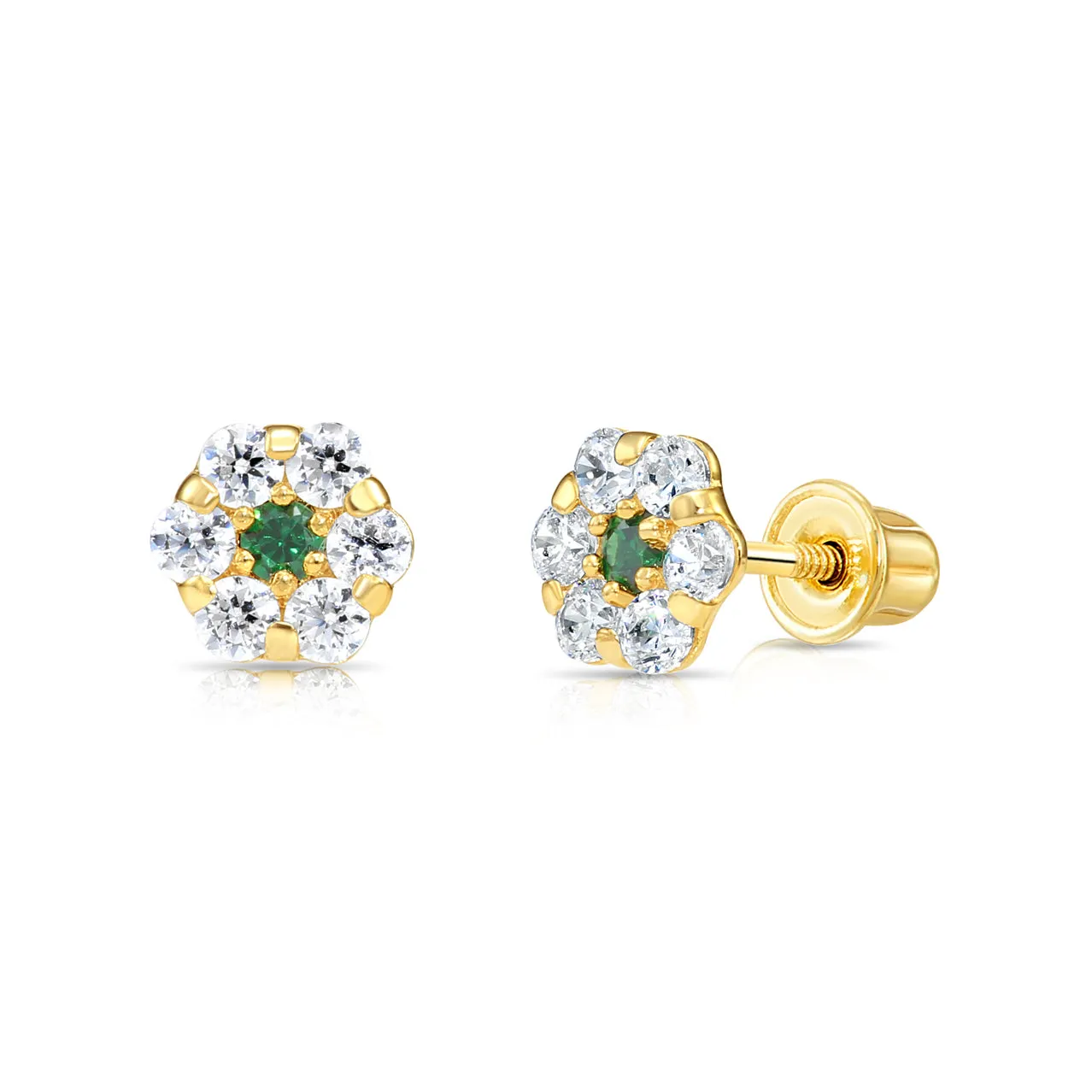 14k Yellow Gold Birthstone Flower Cluster Stud Earrings, Screw Back