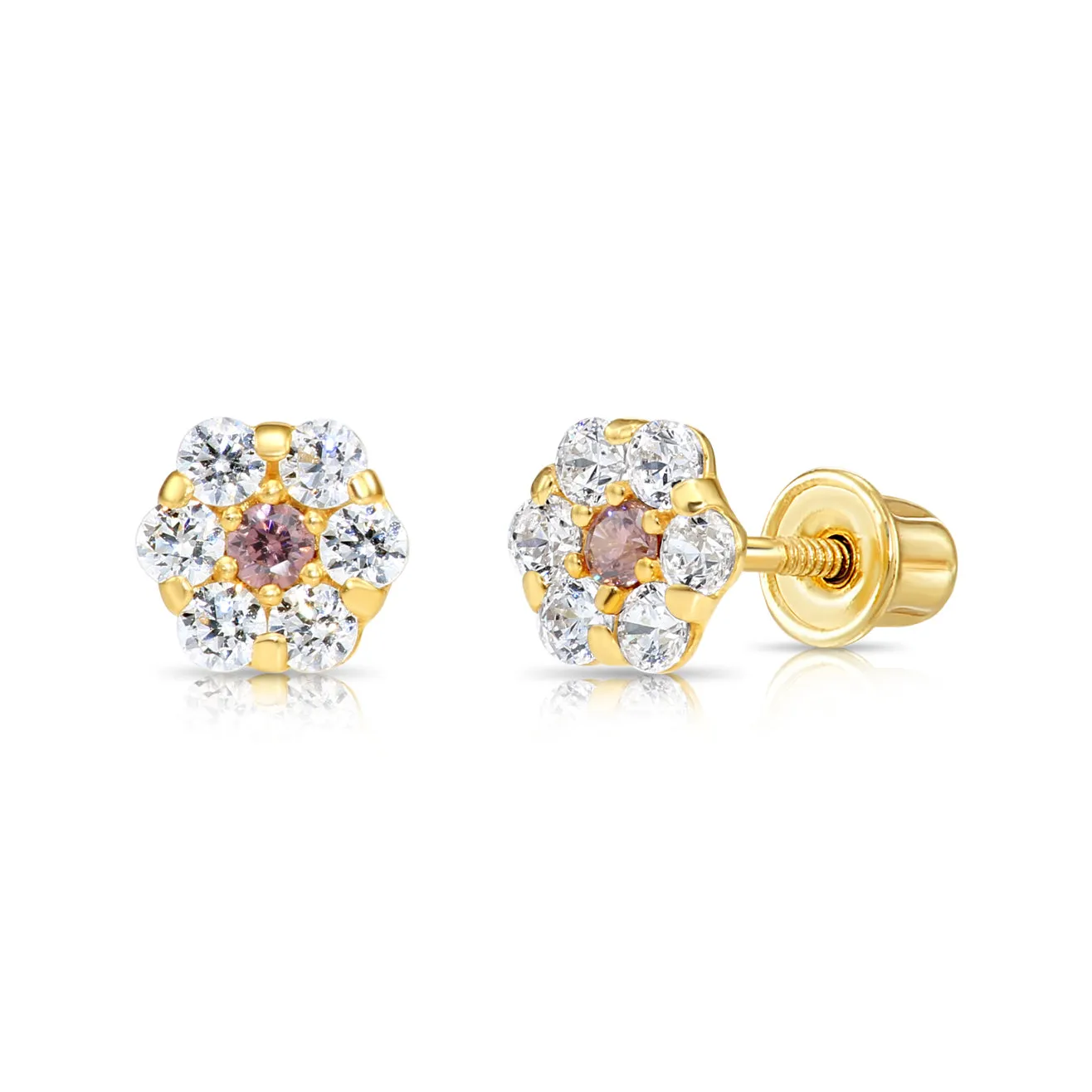 14k Yellow Gold Birthstone Flower Cluster Stud Earrings, Screw Back