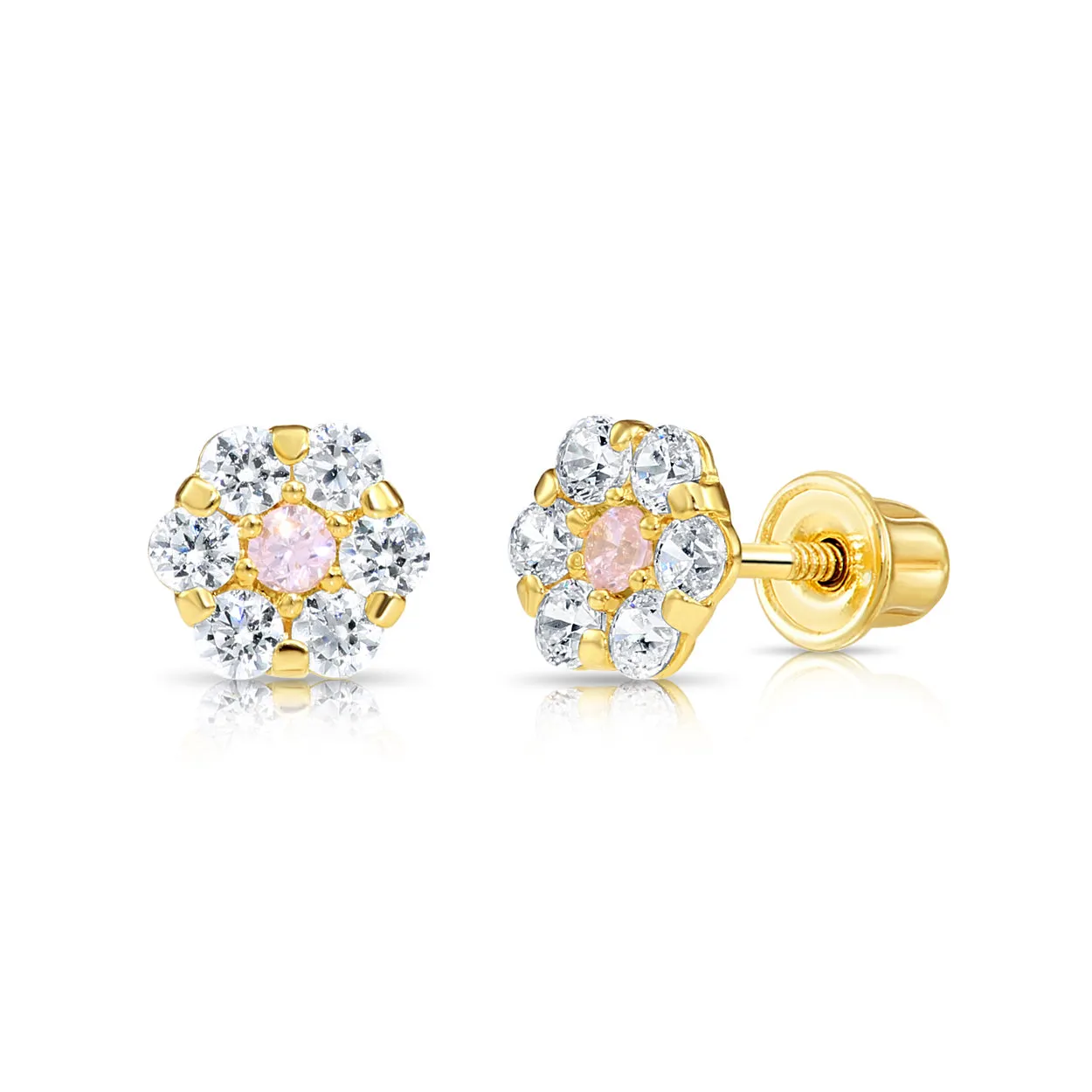 14k Yellow Gold Birthstone Flower Cluster Stud Earrings, Screw Back